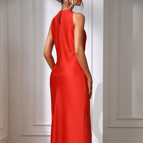 Red Preppy Womens Solid Split Thigh Dress - Picture 2 of 5